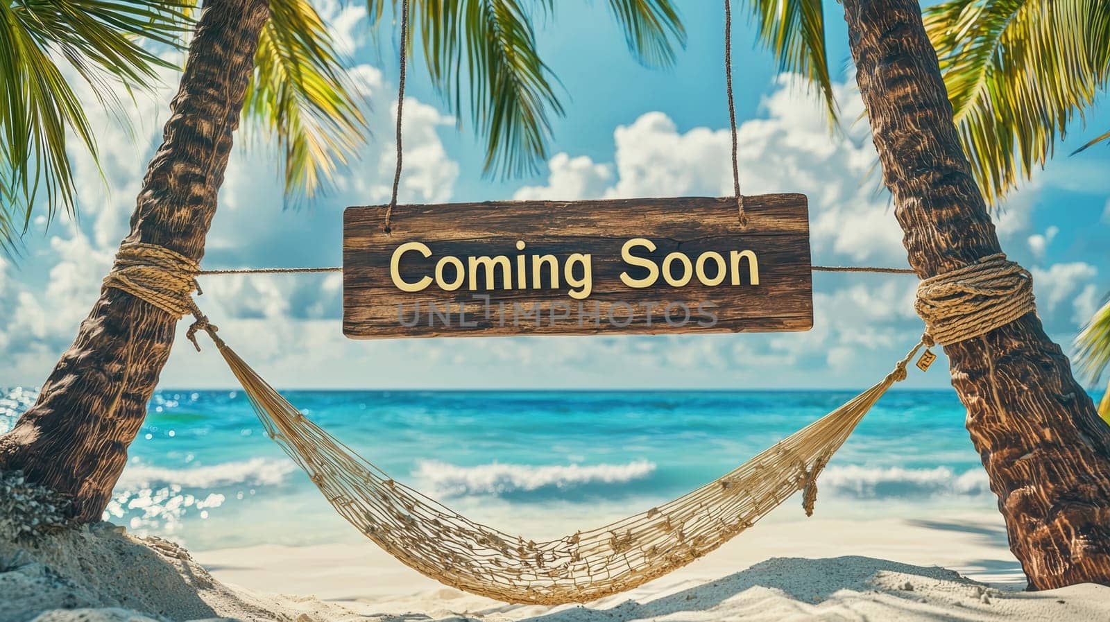 Tropical beach setting featuring a hammock strung between two palm trees. a wooden sign etched with "coming soon" rests in the white sands, complemented by the serene ocean backdrop. perfect for themes of relaxation and upcoming events.