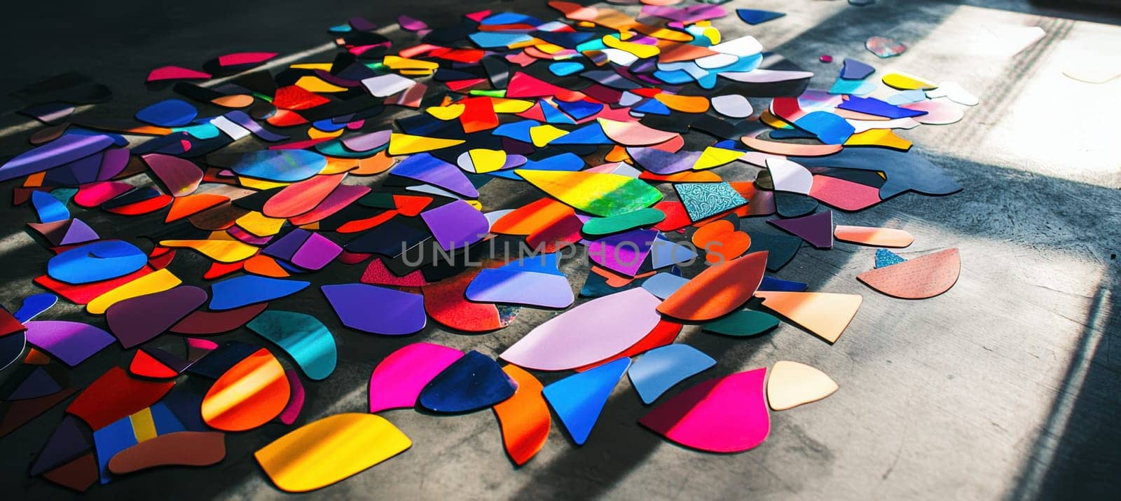 Vibrant die cut stickers in an array of colors adorn a concrete floor, creating a dynamic and energetic display. the dramatic lighting enhances the vivid hues and intricate patterns, perfect for creative design inspiration and artistic expression.