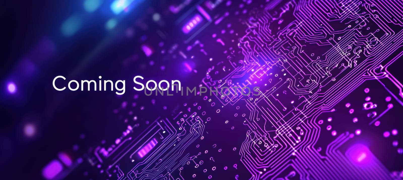 Vibrant and energetic banner for a tech event with a futuristic theme. features a deep purple and teal background, glowing circuit-like patterns, and animated particle effects to create a dynamic and modern visual appeal.
