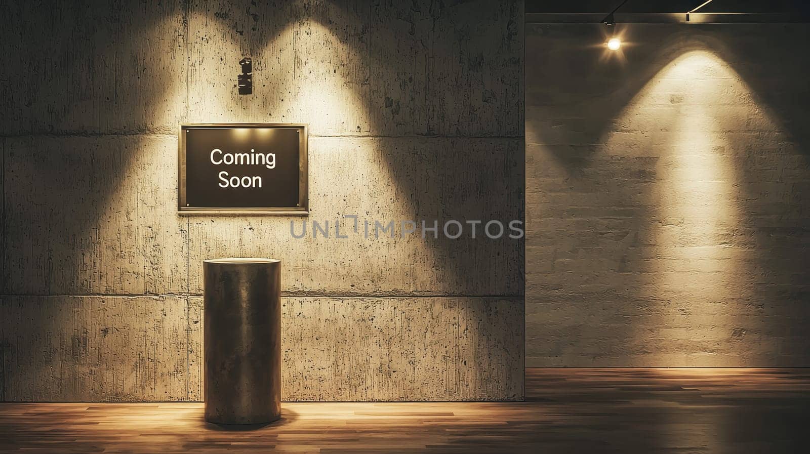 Sleek modern art gallery featuring a spotlighted sign reading coming soon above an empty pedestal. the scene exudes anticipation and contemporary design, perfect for promotions of future exhibitions or artistic announcements.