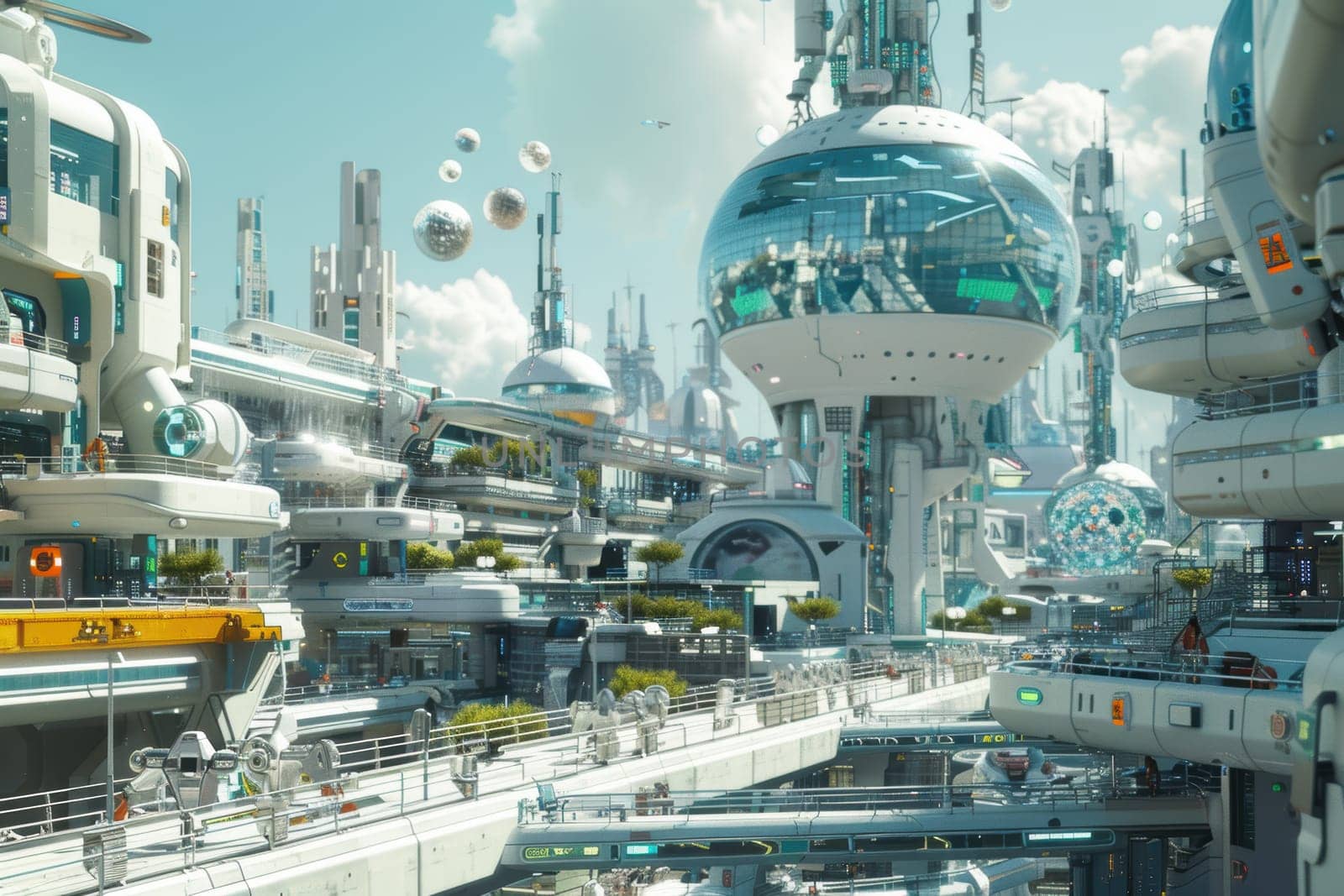 A visionary cityscape illustrating the future of healthcare through advanced bioengineering. modern hospitals and clinics integrate cutting-edge biotechnology, innovative medical treatments in a sleek, futuristic urban environment.
