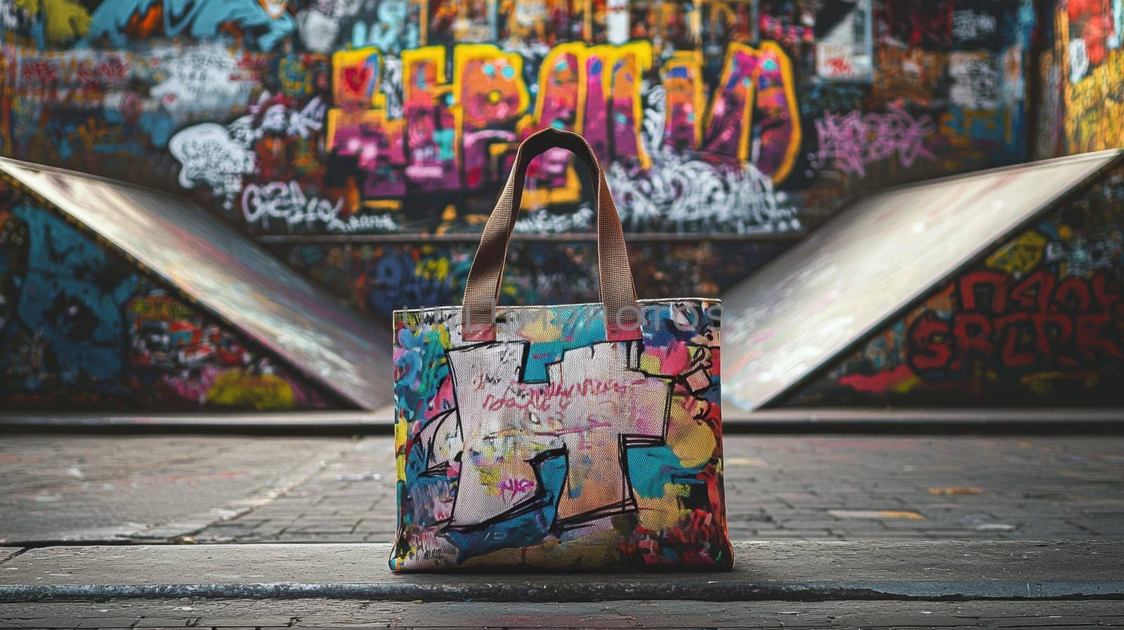 Vibrant graffiti art adorns a tote bag placed on a skateboard ramp, set against a backdrop of walls covered in dynamic street art. the edgy and youthful atmosphere highlights urban fashion and street culture trends.