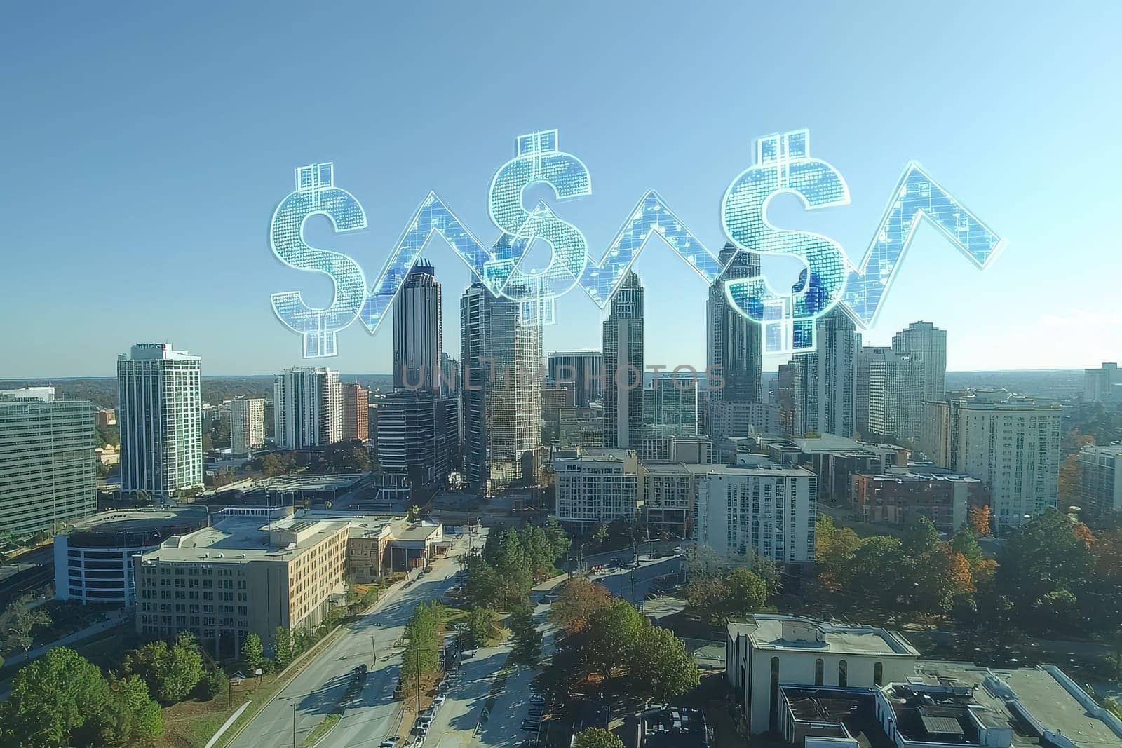 A city skyline with a large amount of money in the sky. The money is in the shape of the letter S