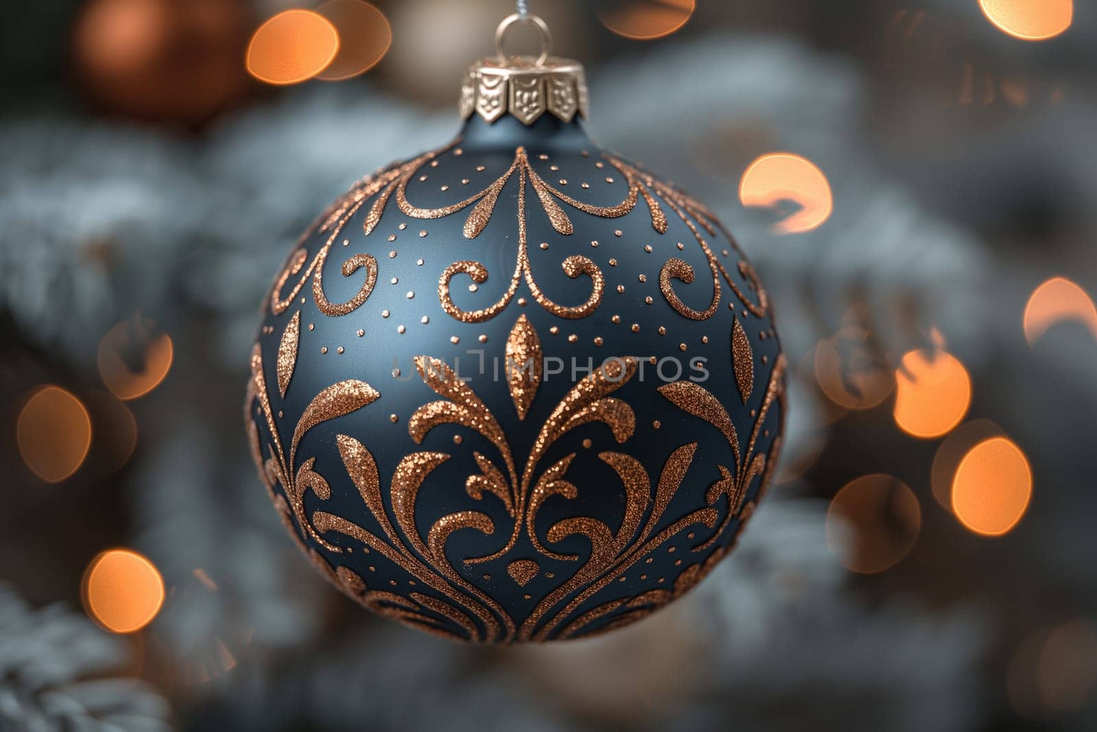 A beautifully designed blue ornament dangles gracefully, reflecting warm holiday lights in the backdrop.
