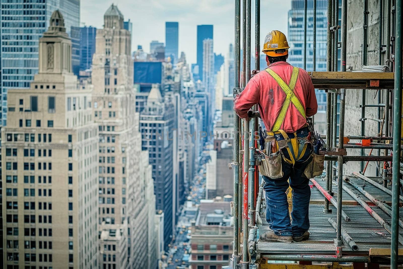 A man in a yellow and orange safety vest stands on a scaffold in front of a city skyline