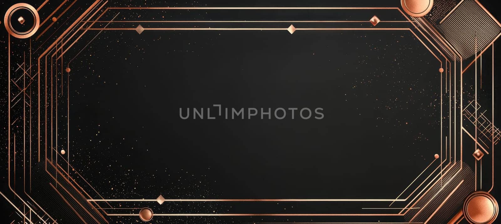 Elegant greeting card template featuring a luxurious black background with rose gold metallic accents. geometric designs frame a central blank area, ideal for custom text. perfect for formal events, upscale invitations, or glamorous announcements.