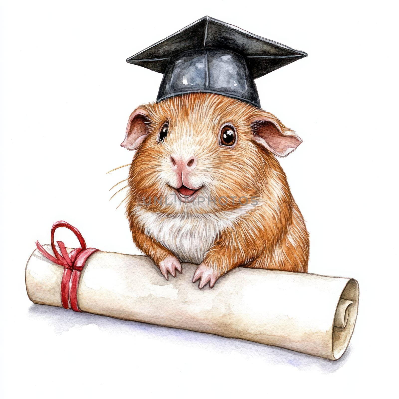 A Happy guinea pig wearing tiny graduation cap, proudly sitting on diploma scroll, celebrating achievement in festive style