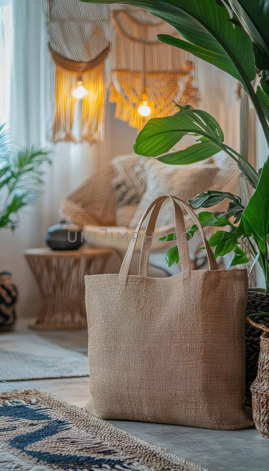 A chic jute tote bag placed in a boho-inspired living room, accented with macrame decor and lush potted plants. soft lighting enhances the cozy and inviting atmosphere, natural textures and earthy tones.