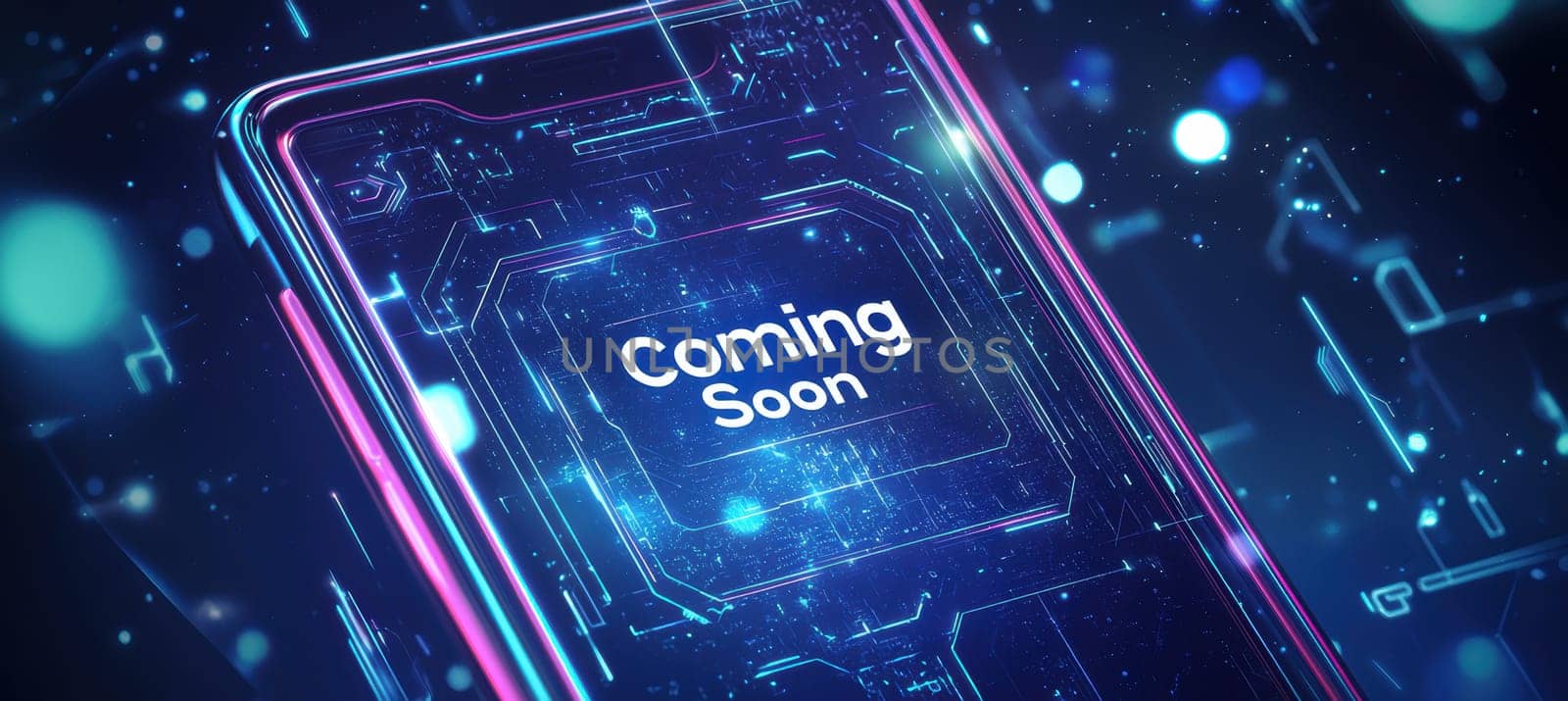 Futuristic banner for an upcoming smartphone launch featuring a sleek design with a glowing phone outline. the digital interface elements create a high-tech, glossy look, ideal for promotional use in tech-related marketing materials.