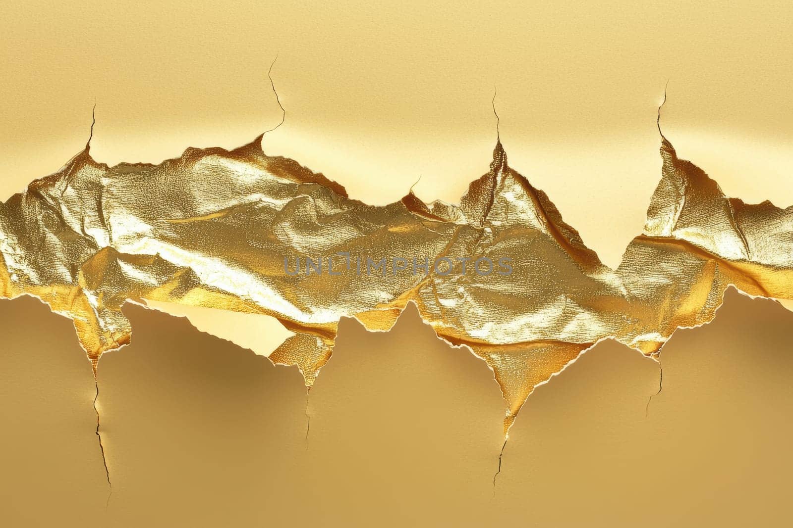 Jagged edges of torn glossy paper reveal an elegant golden texture underneath, creating a luxurious and high-end aesthetic. ideal for use in premium product advertisements, adding a touch of sophistication and opulence.