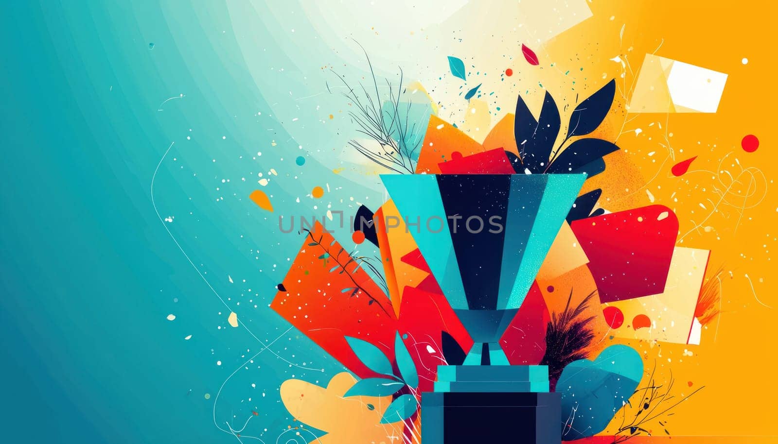 An Abstract geometric shapes form trophy symbolizing business success and achievement, surrounded by vibrant colors and dynamic elements