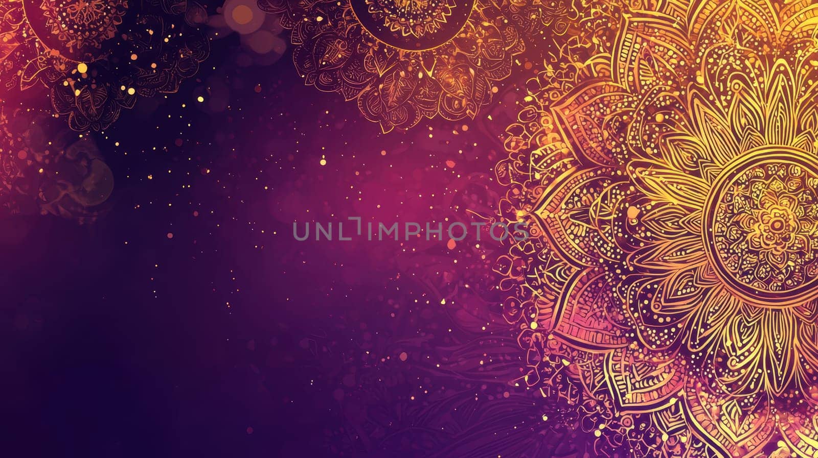 Festive diwali greeting card template showcasing intricate gold mandala patterns against a rich purple backdrop. perfect for personalized messages, this design embodies a warm, celebratory atmosphere with a touch of elegance and tradition.