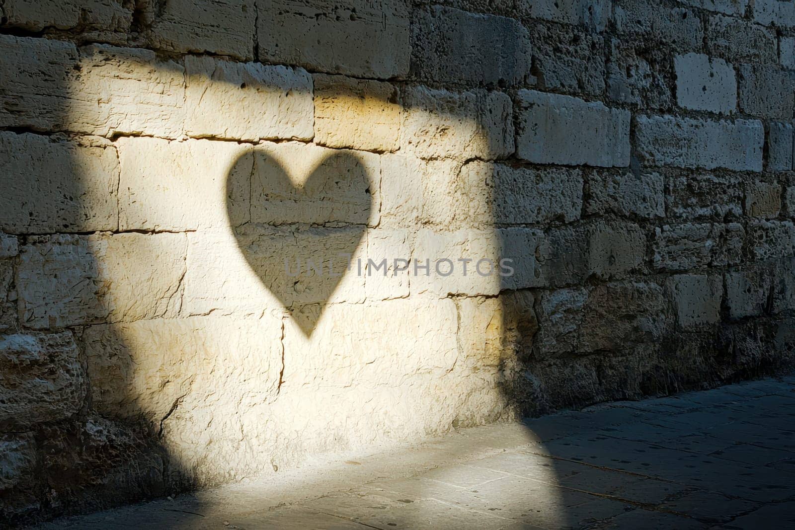 A shadow of a heart is cast on a wall. The heart is in the center of the shadow and is surrounded by the wall