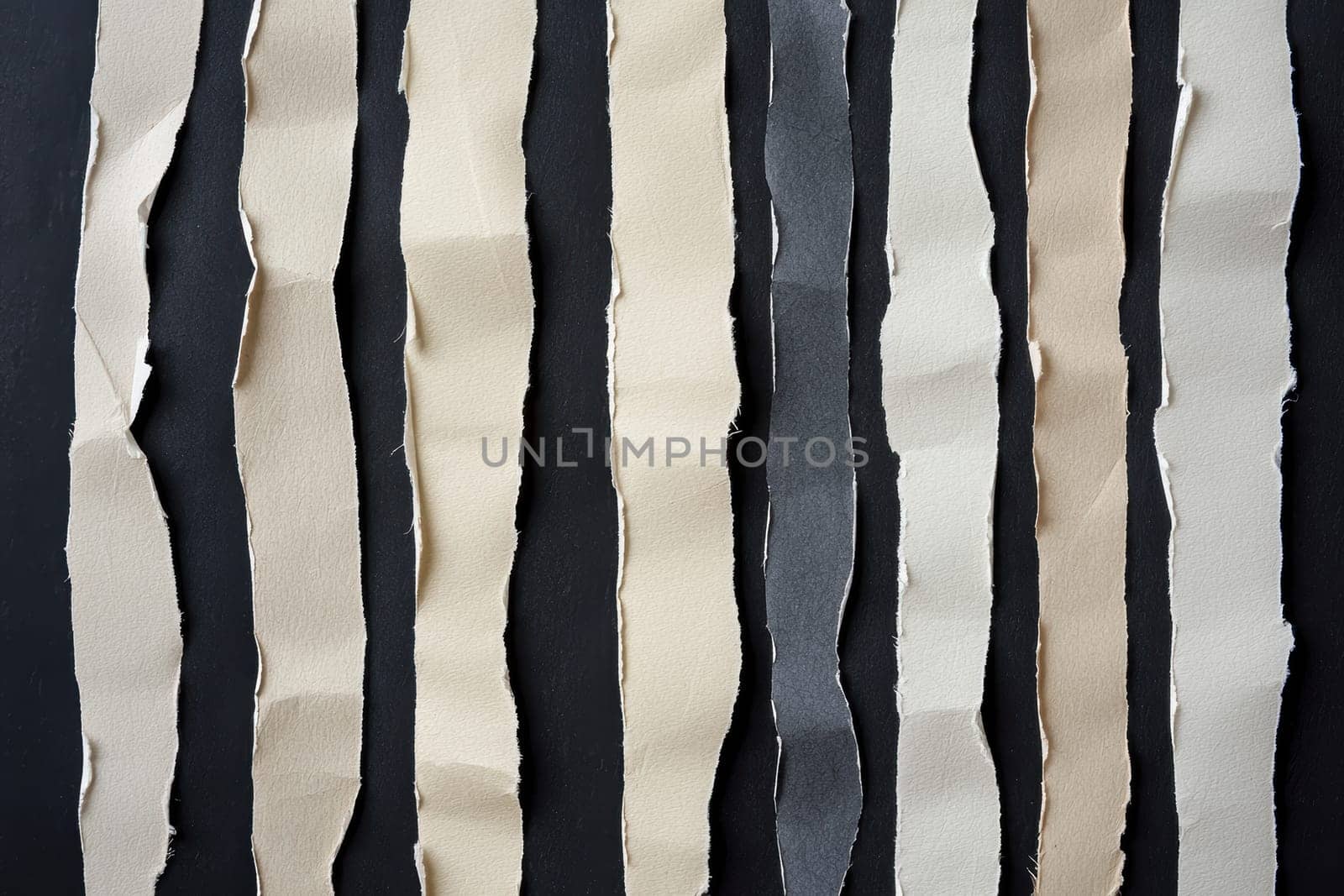 A symmetrical arrangement of torn paper strips in neutral tones lies on a dark background. this stylish and minimalist composition is ideal for professional presentations, adding a touch of elegance and sophistication to any design.