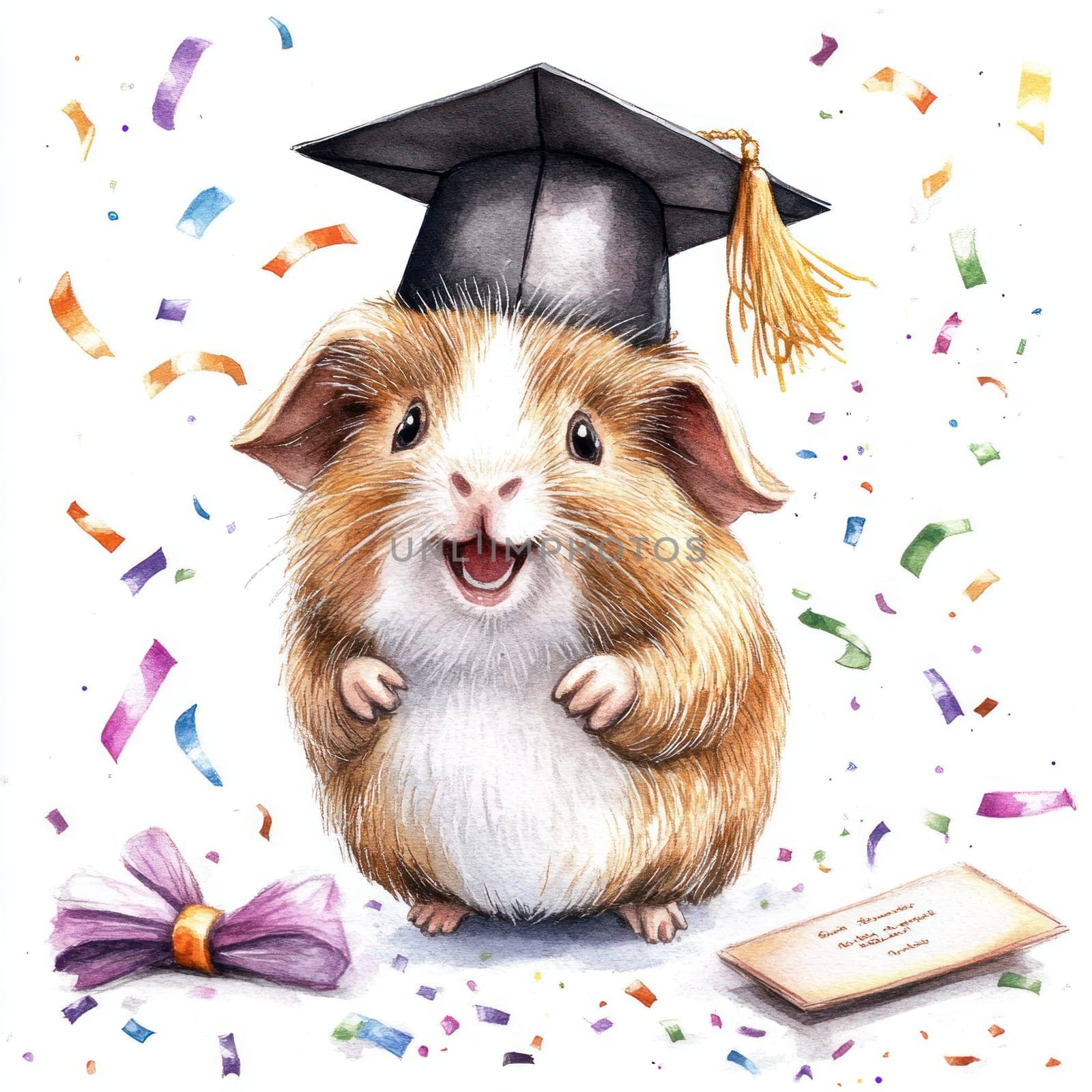 A Happy guinea pig wearing tiny graduation cap, surrounded by confetti and diploma, celebrating joyful achievement