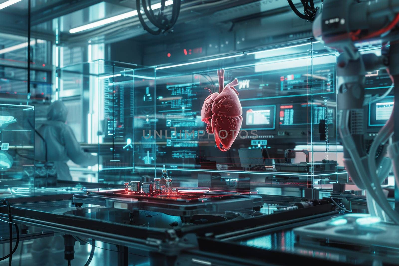 Advanced bioengineering laboratory featuring holographic displays and bioprinters used for developing artificial organs. the futuristic setting showcases cutting-edge technology, emphasizing innovation in medical sciences and bioprinting.