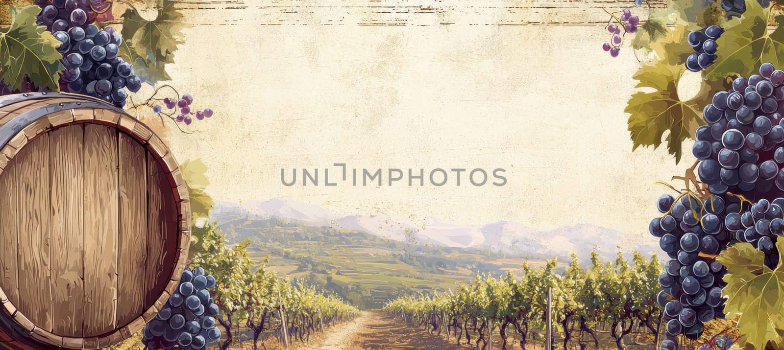 Rustic vineyard email signature design featuring soft grapevine illustrations and a wooden barrel effect. the profile picture is oval-framed, enhancing the vineyard theme. ideal for print, card, and poster designs with a classic touch.
