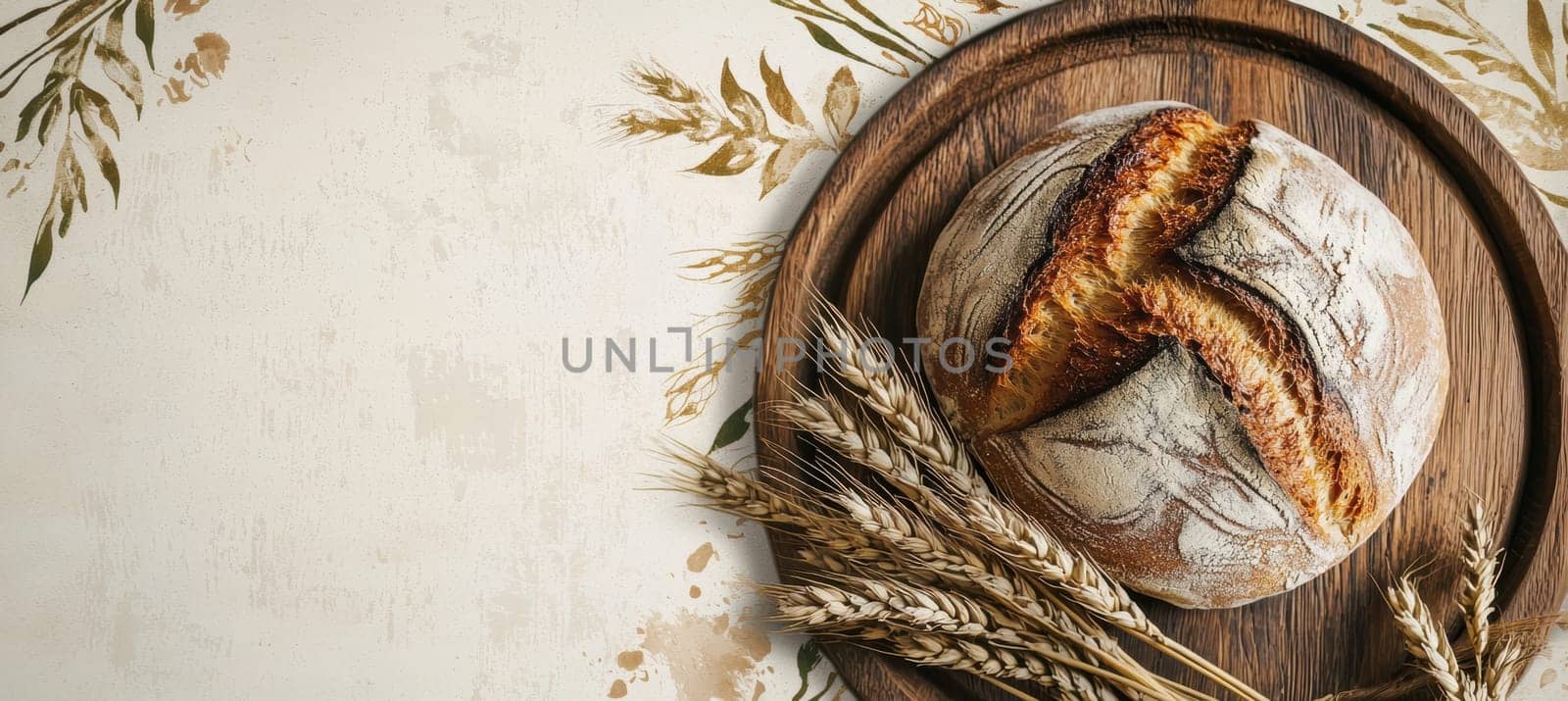 Rustic-themed email signature design for an artisanal baker, featuring a background with subtle bread and wheat illustrations. includes a circular profile picture frame with a wooden texture, enhancing the artisanal and rustic aesthetic.