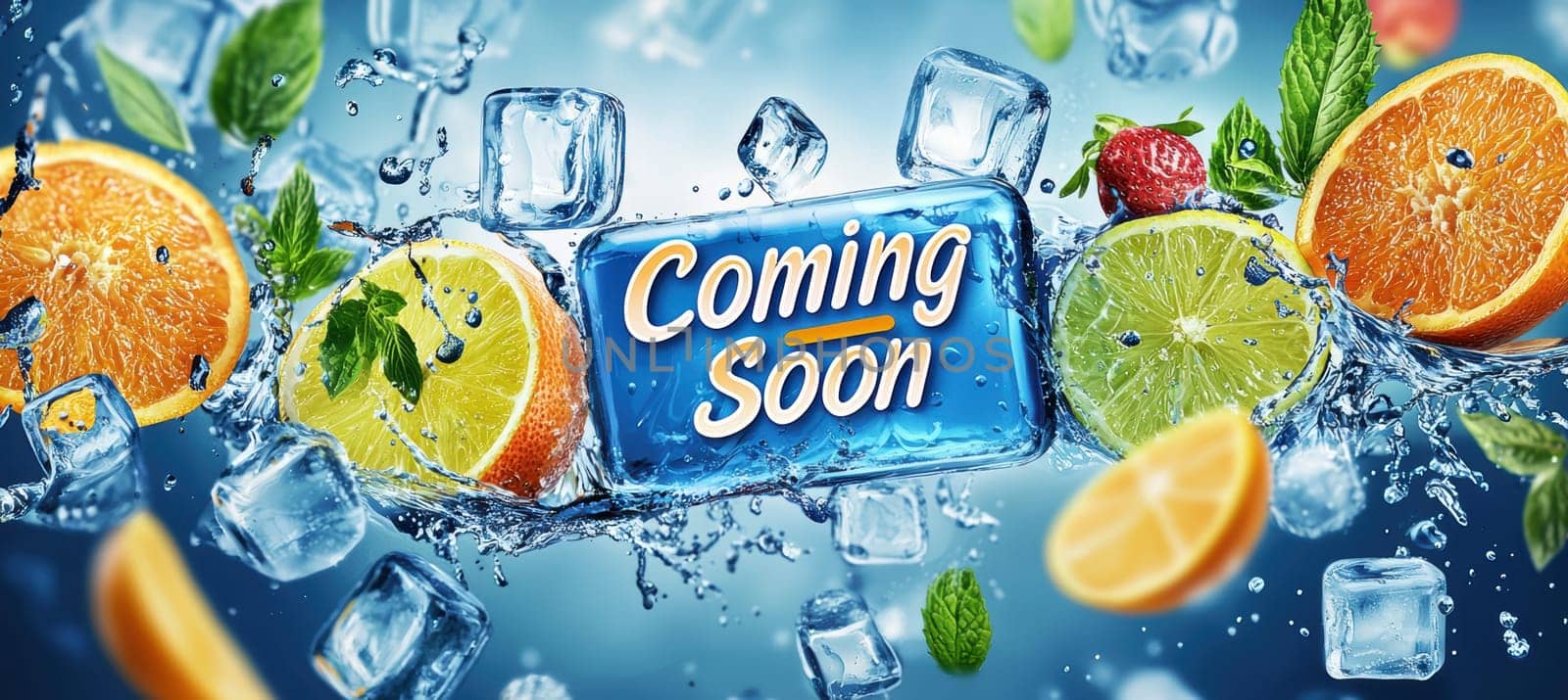 Vibrant banner showcasing splashes of water with citrus fruits and ice cubes, enhanced by bold, lively text. ideal for a refreshing beverage promotion, capturing the essence of freshness and anticipation.