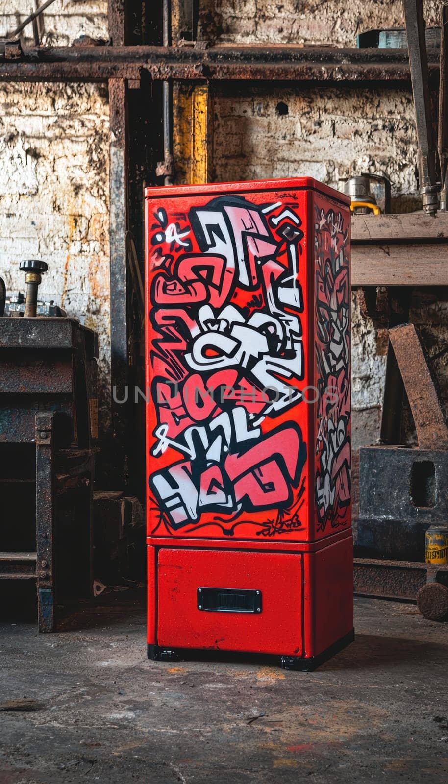 Vibrant urban graffiti sticker adhered to a bright red toolbox in a rugged workshop environment. the setting features tools and a textured, weathered backdrop, a blend of artistic expression and industrial utility.