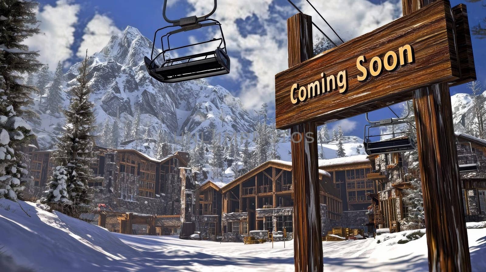 A snowy mountain resort under construction features a prominent "coming soon" sign at the entrance. ski lifts and alpine architecture blend with the winter landscape, evoking anticipation and adventure in this wintry destination.