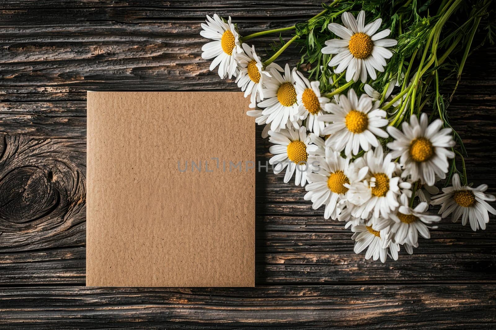 Rustic thank you card template featuring a weathered wooden background adorned with fresh white daisies. a blank center provides space for personal messages, making it ideal for heartfelt notes with a warm, natural touch.
