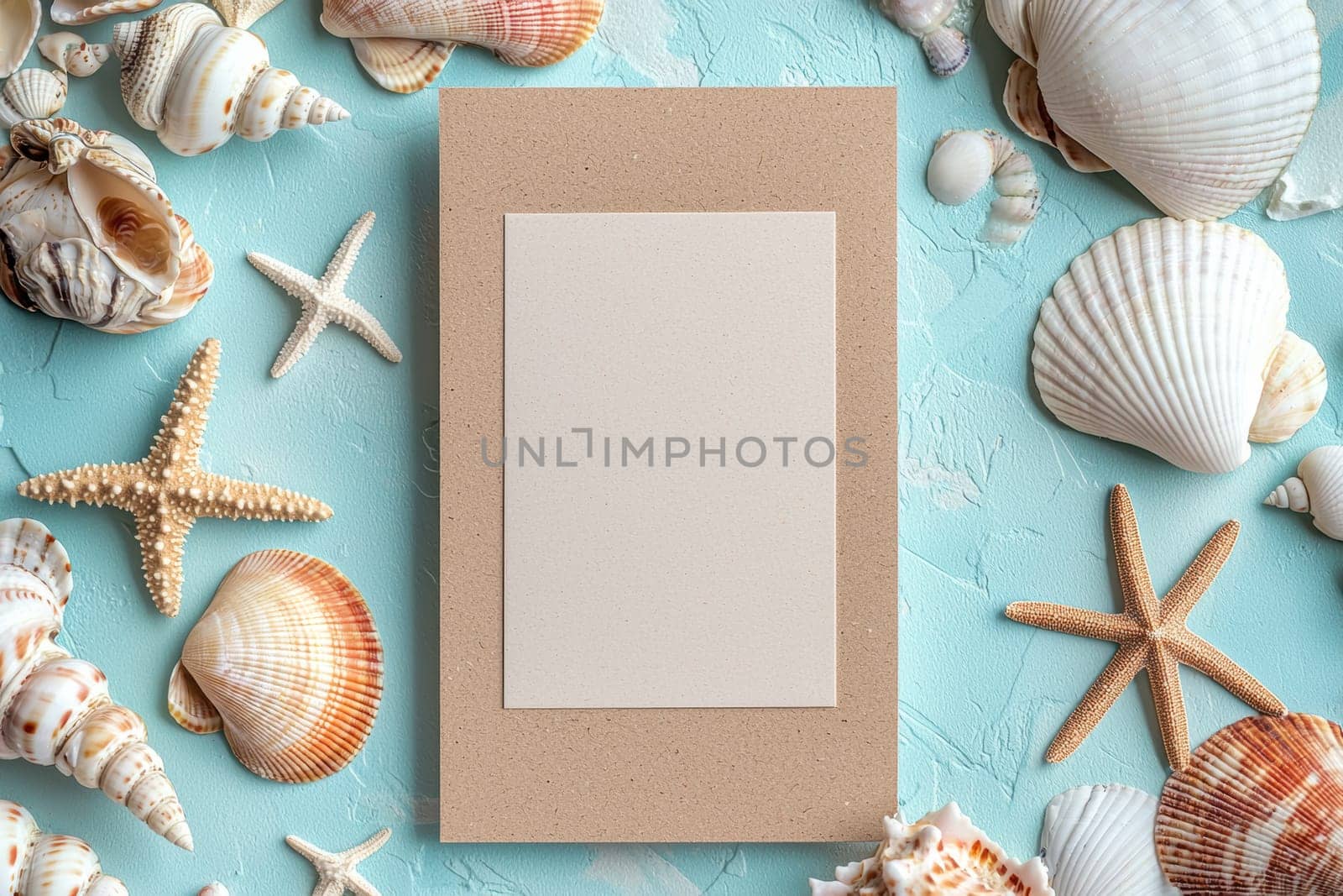 Soft sand-colored background adorned with seashells and starfish, featuring a blank center ideal for custom summer messages. perfect for beach-themed designs or holiday cards, evoking a serene seaside ambiance.