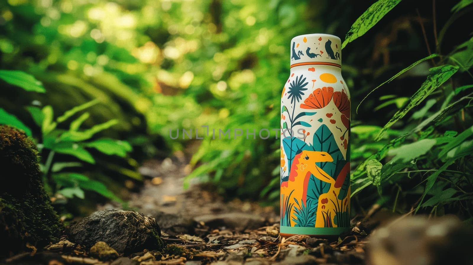 A colorful die-cut sticker featuring a playful animal illustration is displayed on a water bottle, set amid a lush hiking trail surrounded by greenery, creating a lively and refreshing outdoor atmosphere.