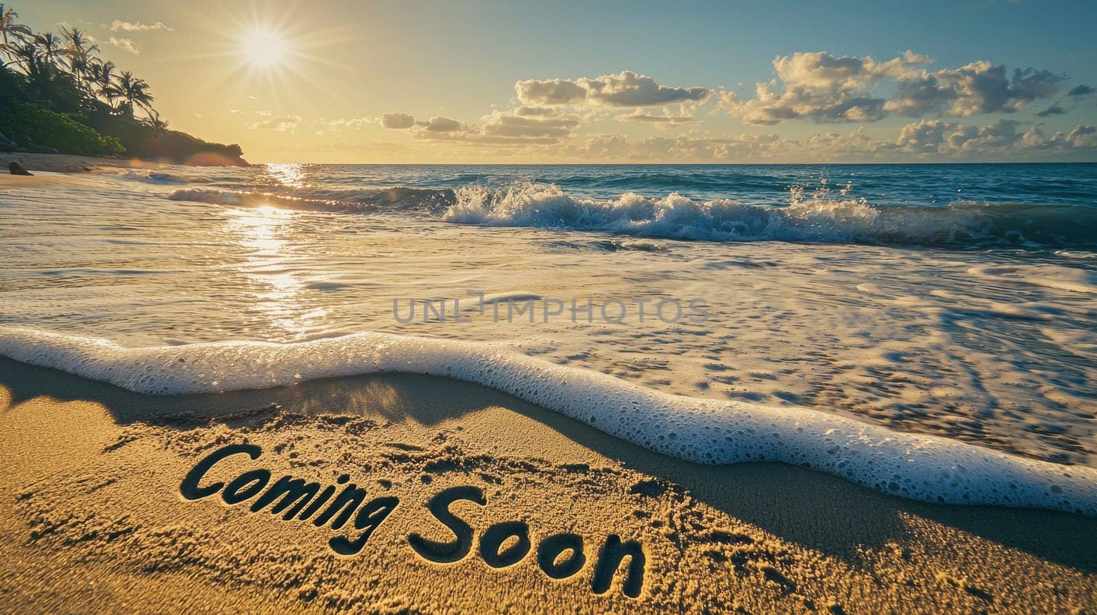 Vibrant tropical beach at sunrise featuring "coming soon" drawn in the sand. waves gently approach, under a golden sky, creating a sense of anticipation. ideal for summer-themed promotions, travel ads, or inspirational designs.