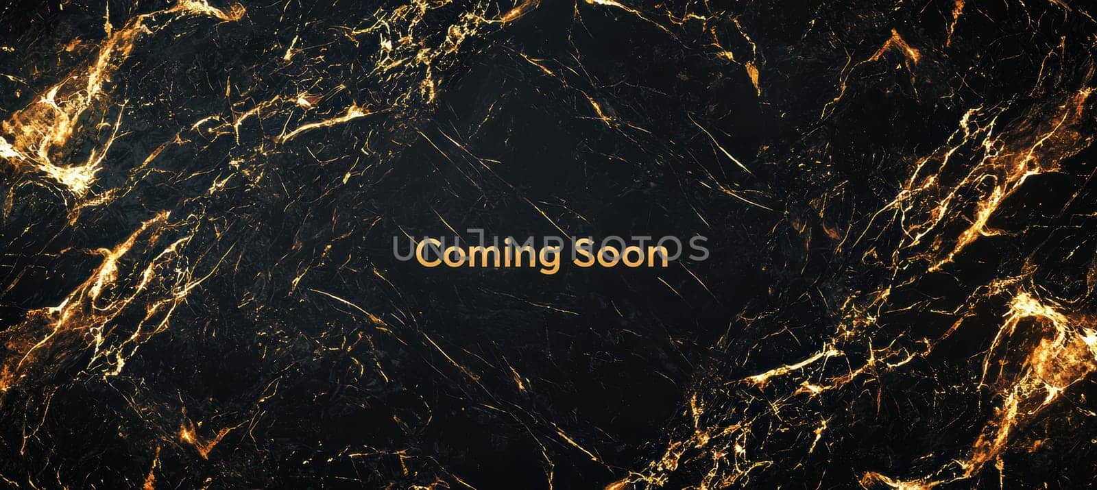 Luxurious black marble background with striking golden veins serves as the backdrop for a "coming soon" banner. centralized golden text with glowing accents adds sophistication, offering ample space for branding in a refined, elegant style.