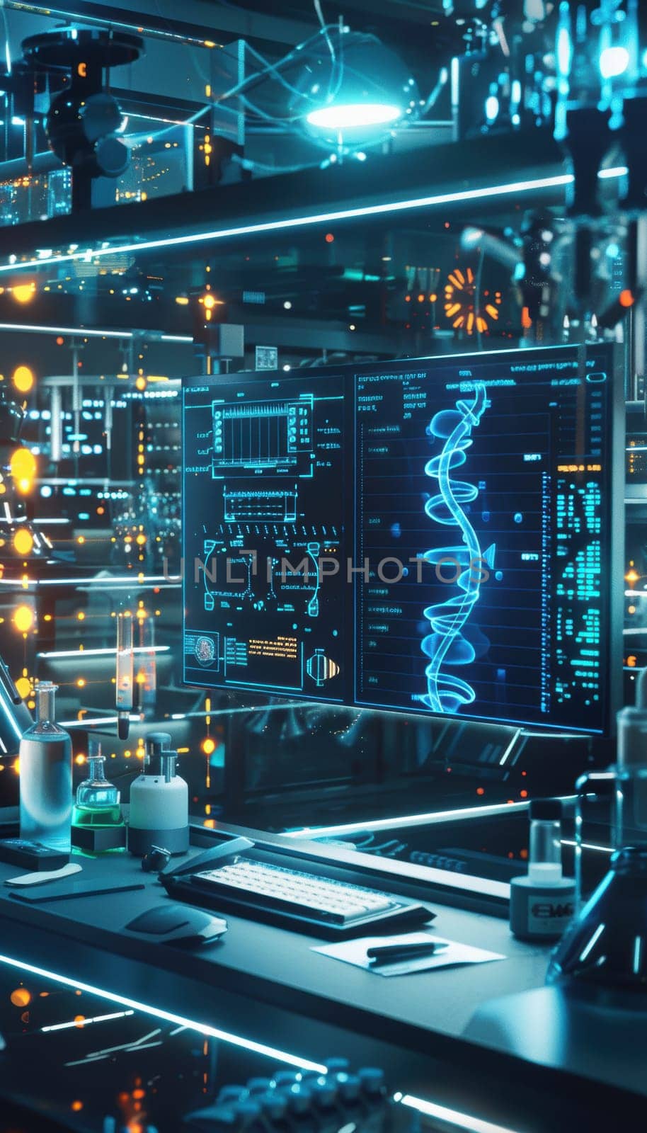 A cutting-edge bioengineering lab featuring scientists utilizing ai for genetic mutation modeling. the scene is enriched with immersive digital interfaces, holographic displays, and state-of-the-art technology, symbolizing innovation in science.