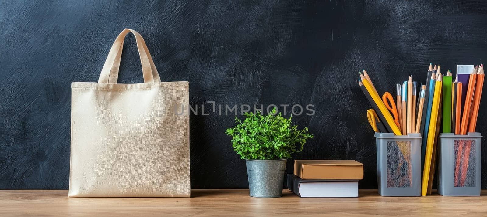 Reusable tote bag displayed with corporate branding, set on a desk alongside various office supplies and a small potted plant. ideal for promotional giveaways and sustainable marketing campaigns in office settings.