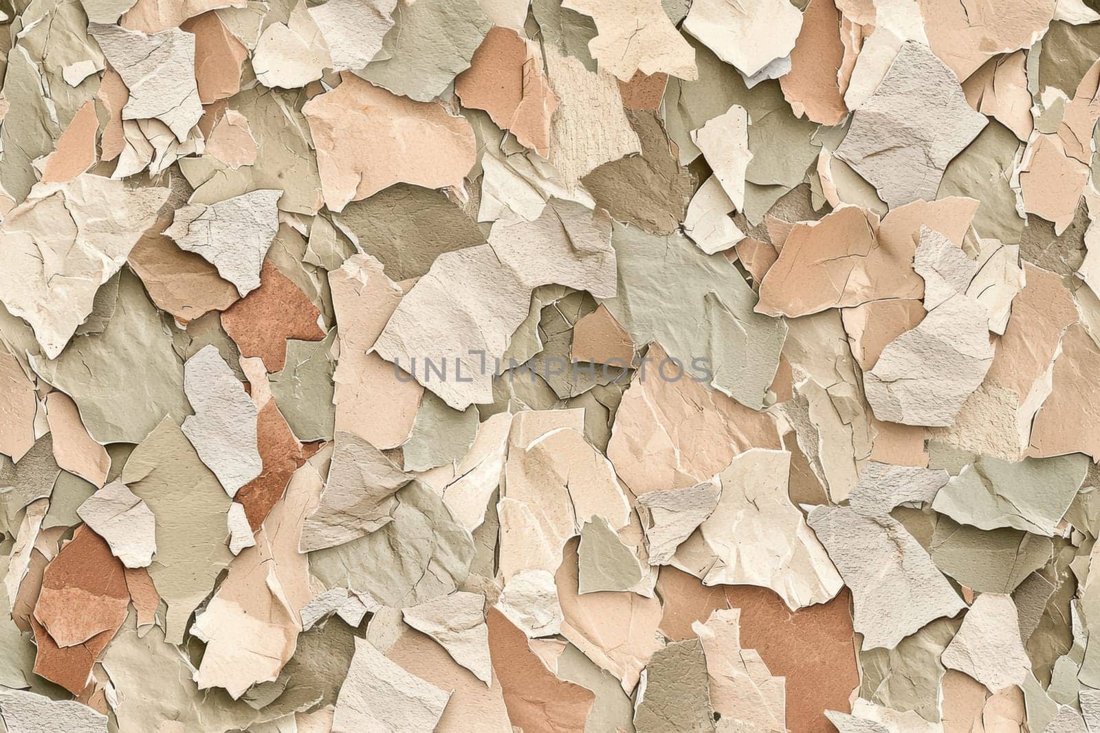 Randomly arranged small torn paper fragments in muted earthy tones create a seamless pattern. ideal for adding subtle texture to web designs or enhancing product packaging with a natural, organic feel.