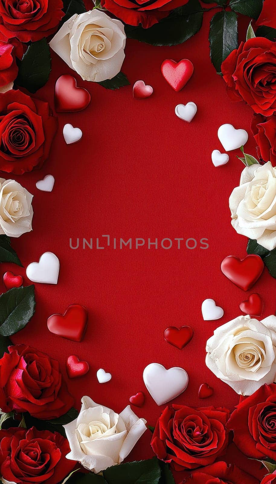 A classic valentine's day greeting card template featuring a central blank space surrounded by vibrant red and white roses, alongside a variety of heart motifs. perfect for expressing love and appreciation in a romantic, traditional style.