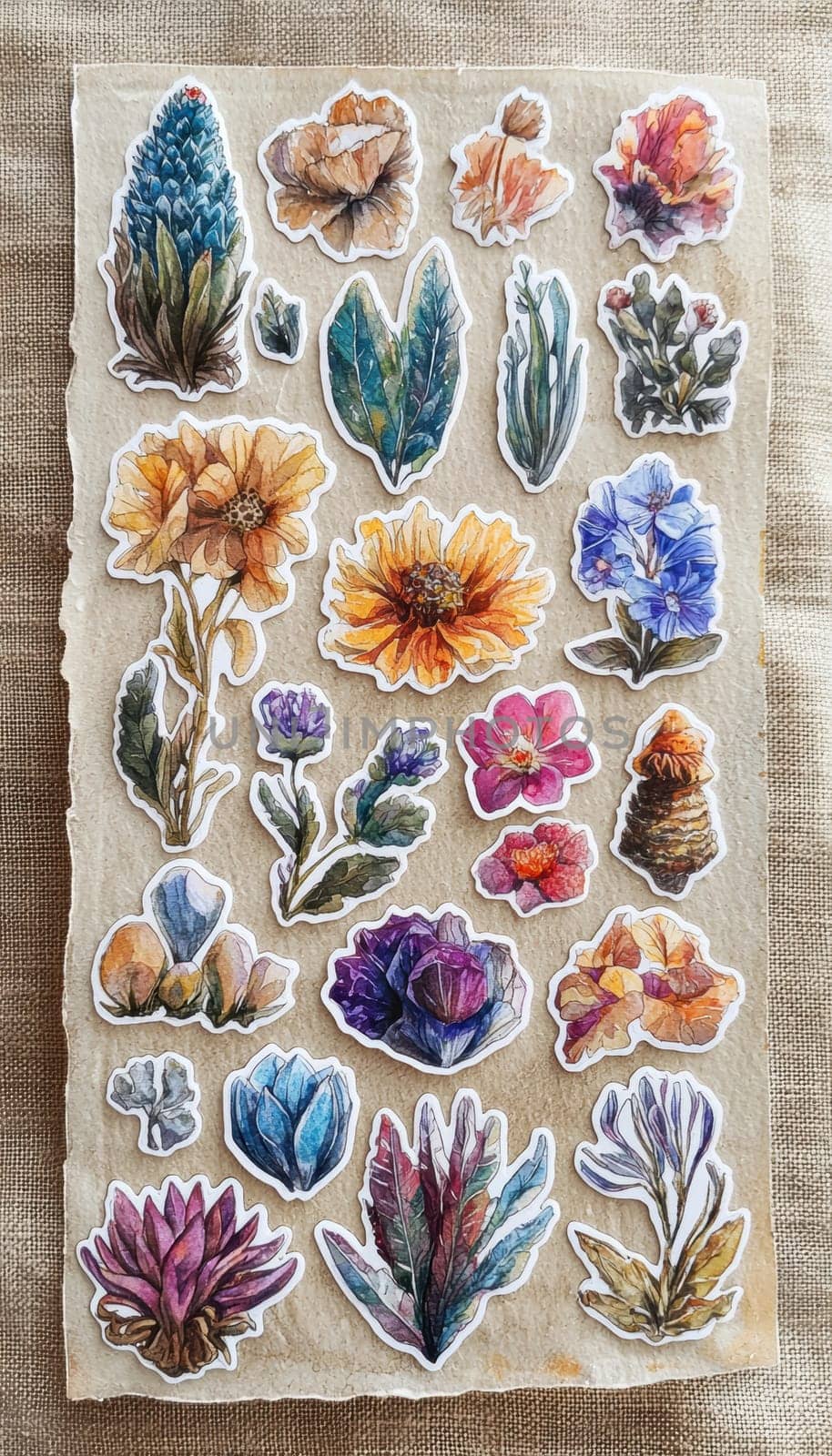 Collection of colorful watercolor-style butterfly and floral stickers on a textured canvas surface. ideal for enhancing crafting projects, diy activities, and creative designs. vivid details and soft hues inspire artistic creativity.