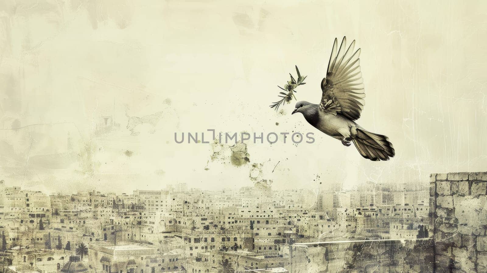 A dove carrying an olive branch soars above a cityscape split into conflict and peace. the contrast depicts themes of hope and reconciliation, with a blank area above for customizable text, ideal for print or poster design.