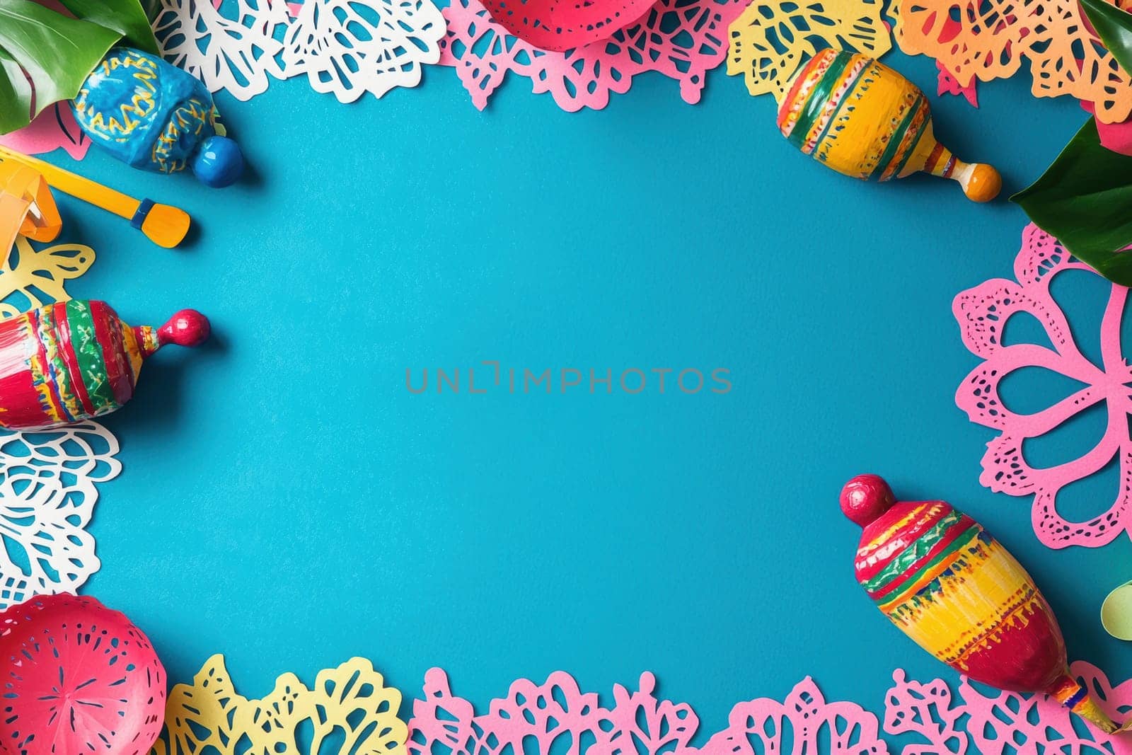 Vibrant fiesta-themed greeting card template featuring colorful papel picado and maracas. includes a blank space for a custom message, ideal for celebrations, invitations, or festive posters. perfect for adding a lively touch to any event.