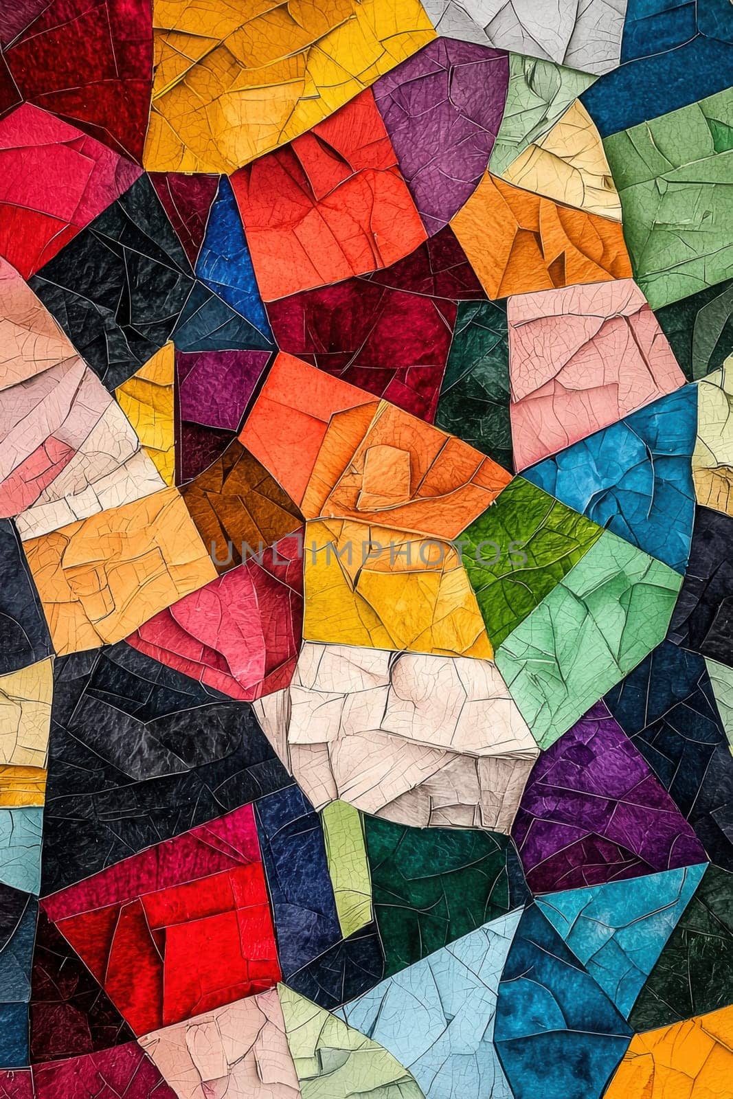 A vibrant torn paper mosaic exhibits geometric layering with intricate textures, creating a modern abstract design. each piece adds depth and character, perfect for visual marketing and contemporary artistic projects.
