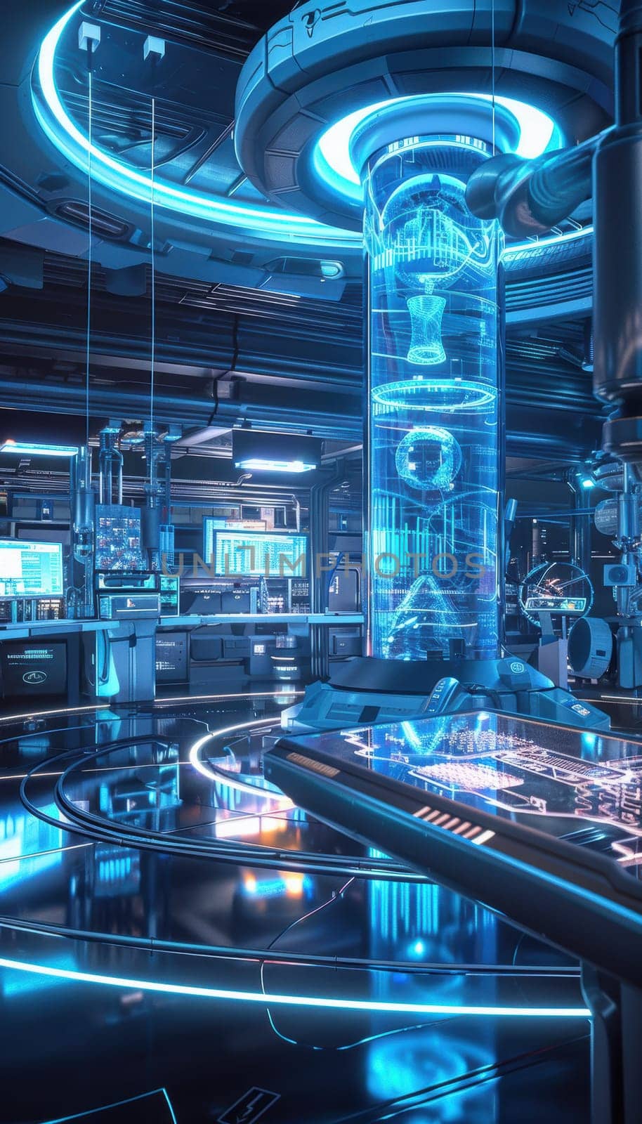 Cutting-edge bioengineering lab with bioreactors and holographic displays demonstrating synthetic tissue creation. innovative design offers a glimpse into advanced scientific research and biotechnology applications in a high-tech environment.