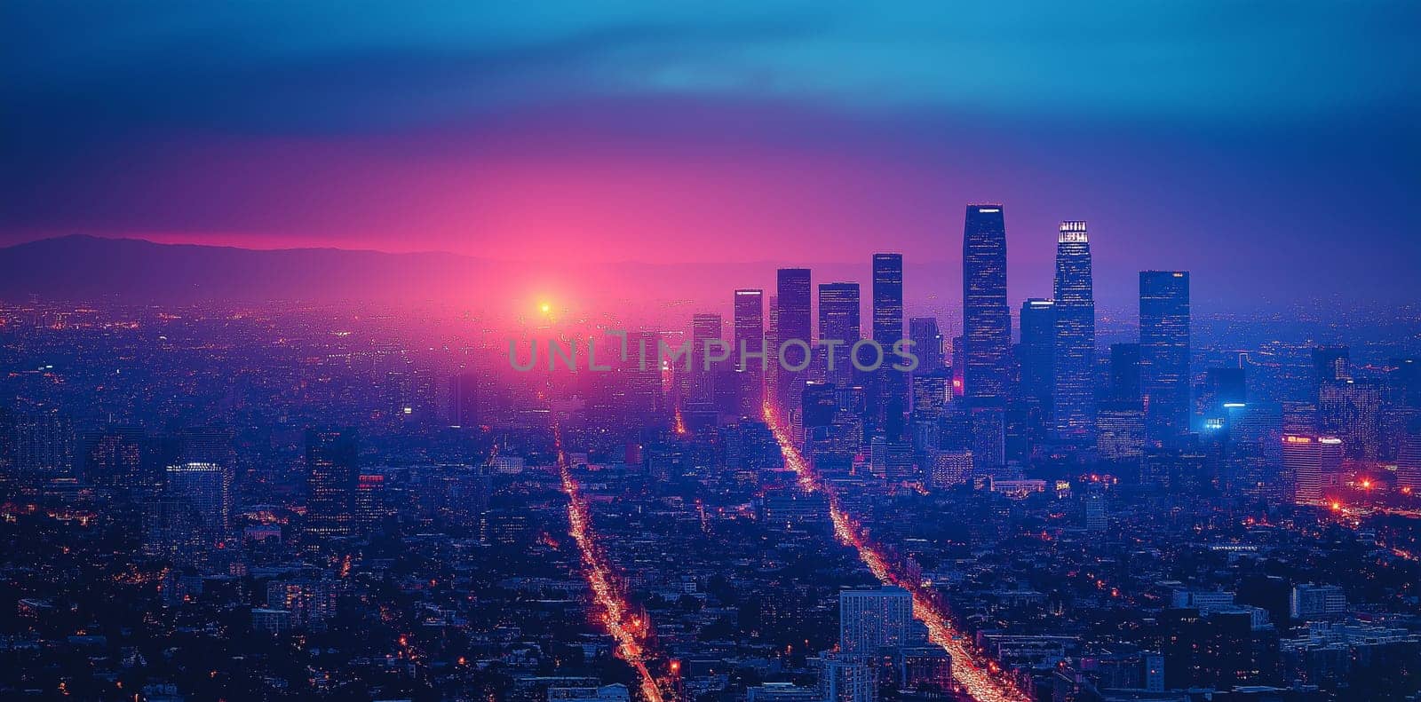 The sun sets beyond the glittering skyline of Los Angeles, casting a warm glow over the bustling city below.