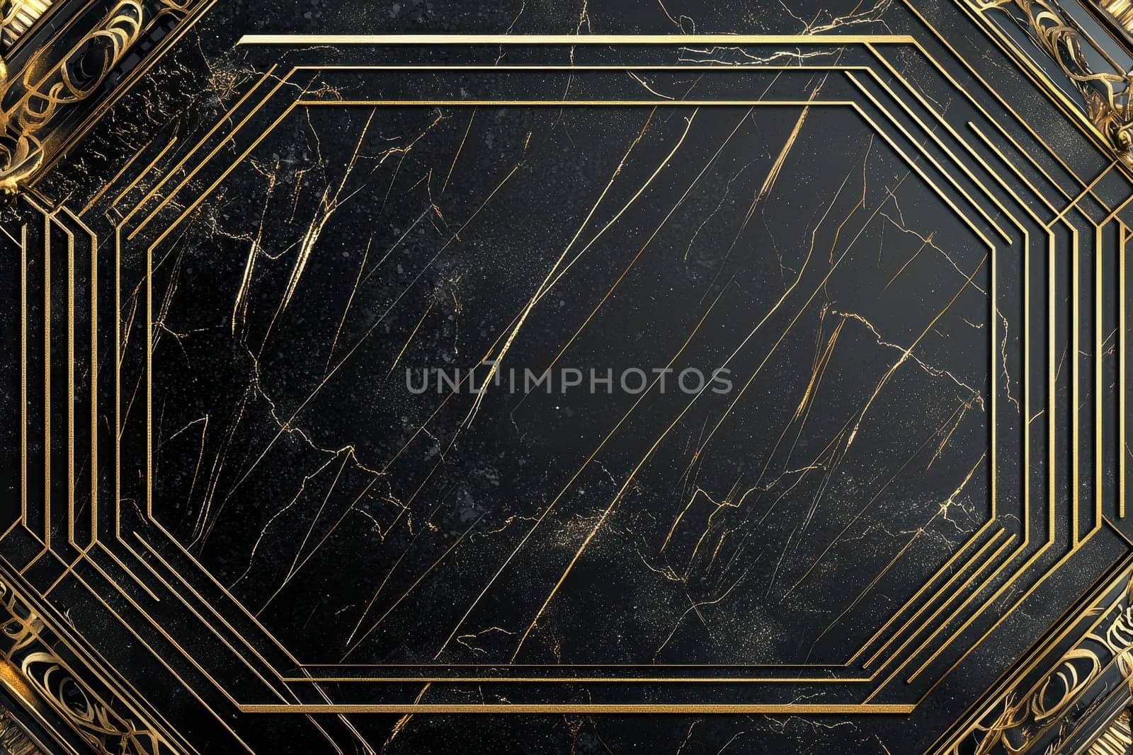 Luxurious greeting card template featuring an elegant black and gold theme. ornate geometric patterns adorn the border with metallic foil accents, creating a sophisticated design. central area remains blank for customizable text.