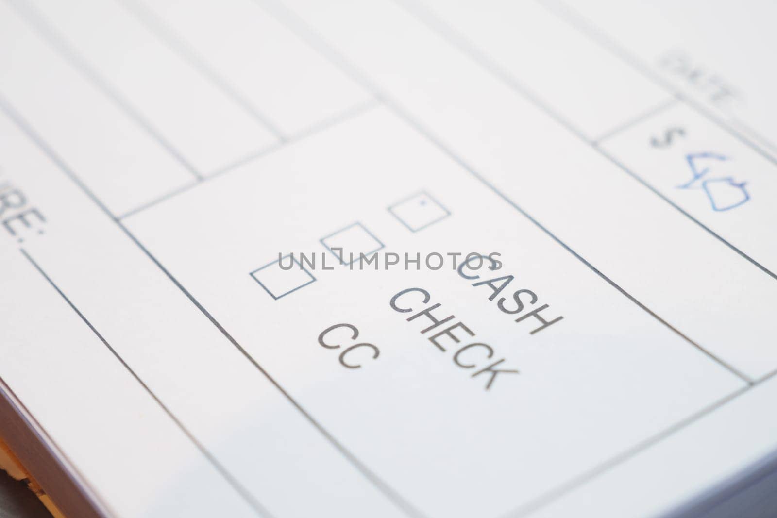 The invoice outlines the available payment options Cash, Check, and Credit Card