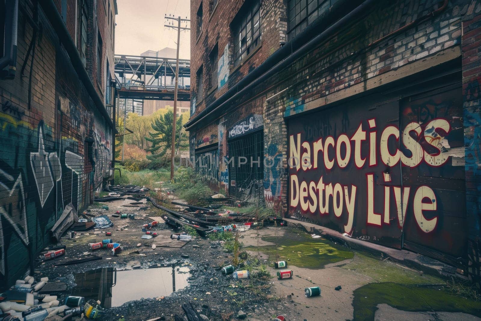 Gritty urban alleyway featuring vivid graffiti with the message "narcotics destroy lives." the raw setting includes scattered debris, emphasizing the stark, unfiltered reality of urban environments. ideal for awareness and educational campaigns.