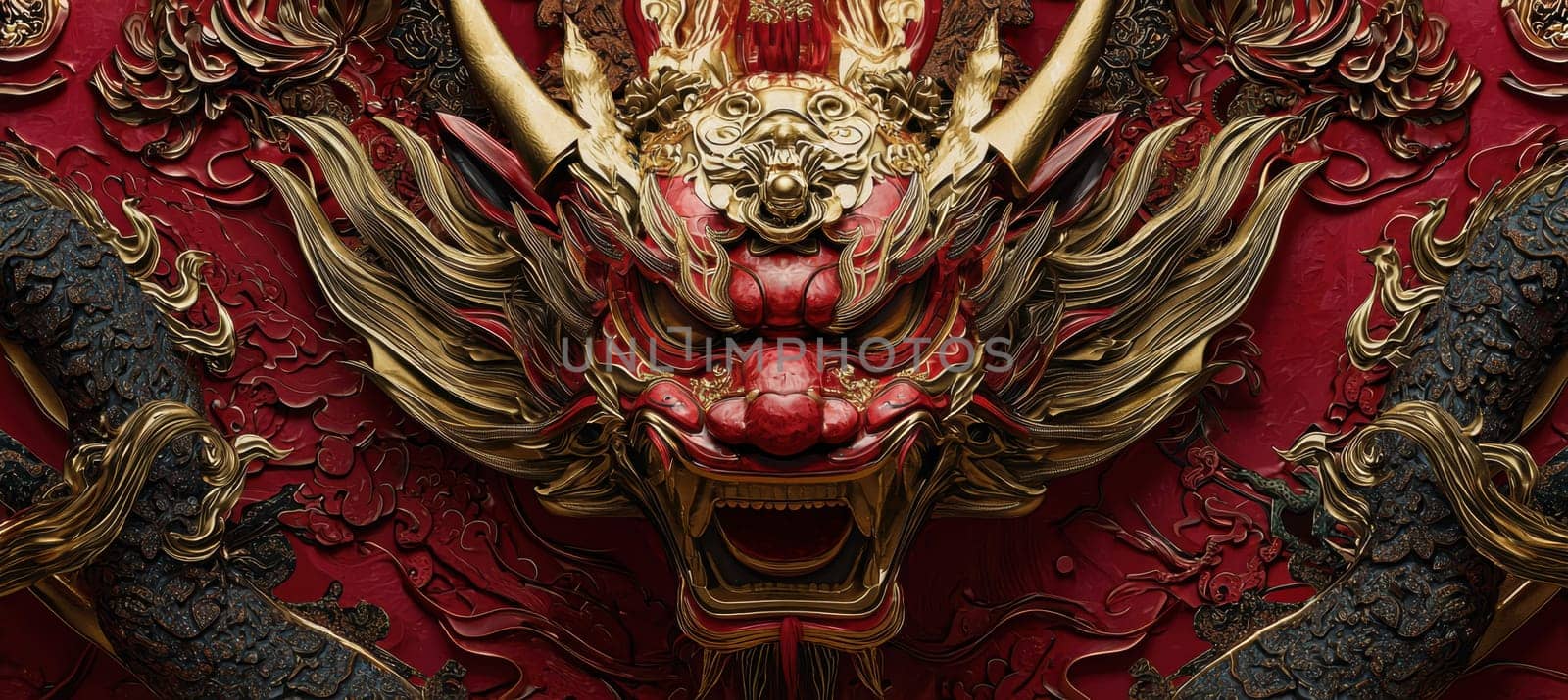 A close-up of a red and gold dragon mask, featuring detailed craftsmanship and textures, set against a vibrant red backdrop. emphasizing traditional artistry, this image is perfect for celebrating lunar new year themes and designs.