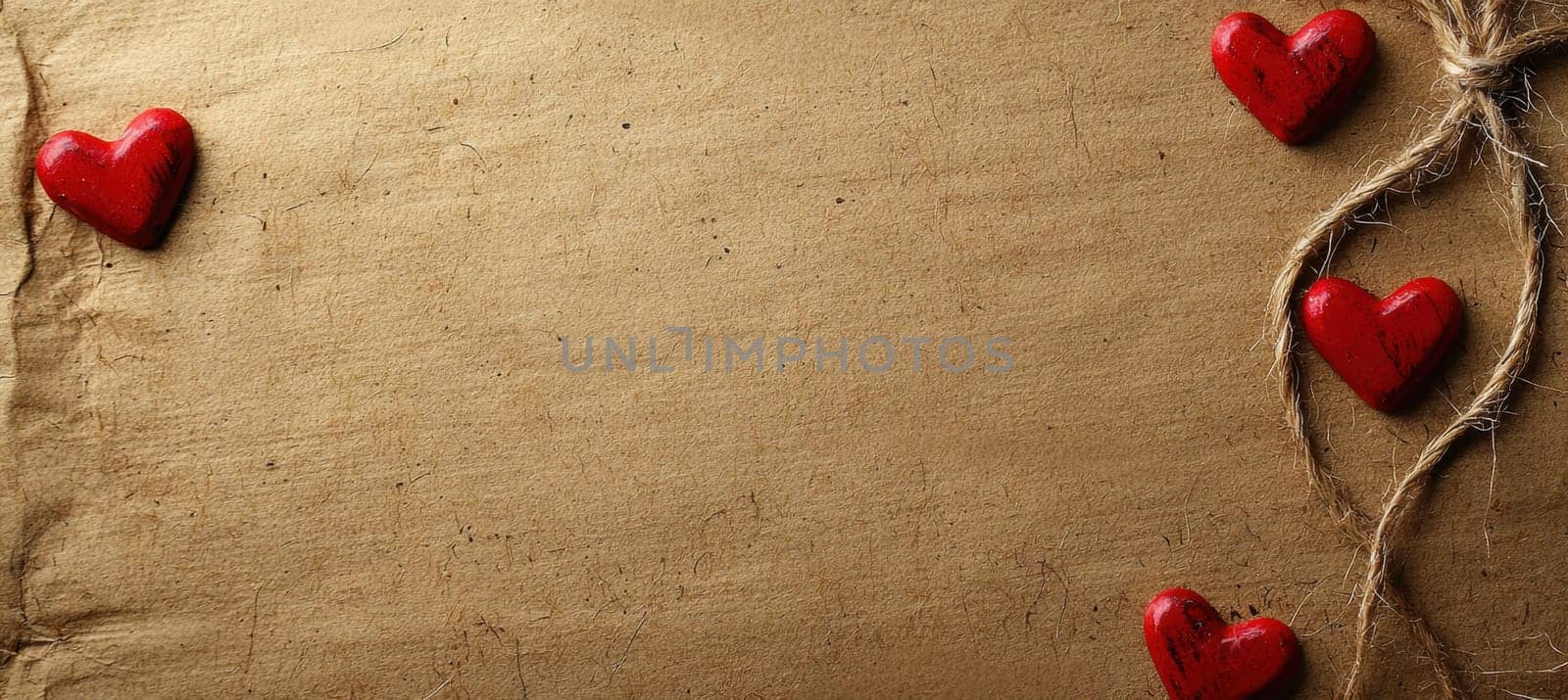 Decorative valentine's day card background featuring a rustic kraft paper texture adorned with a row of small red hearts and twine, offering ample space for personalized notes. ideal for romantic designs, cards, or creative projects.