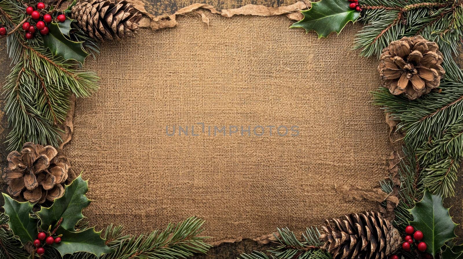 A rustic holiday greeting card template featuring an earthy color scheme with pinecones, holly leaves, and burlap texture. the central area is blank, ideal for personalized holiday greetings or messages in a natural, festive style.