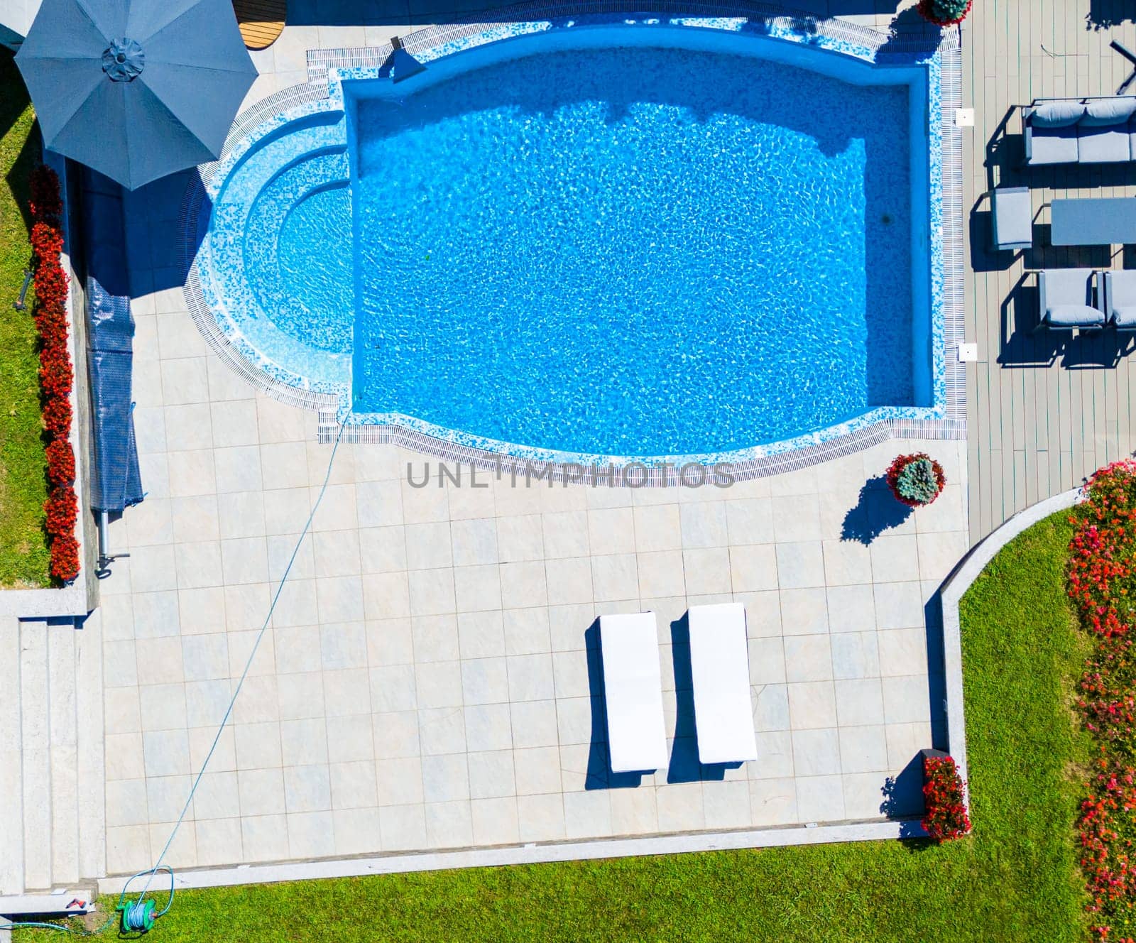 Aerial view of a luxury curved pool with surrounding patio, lounge chairs, and vibrant landscaping