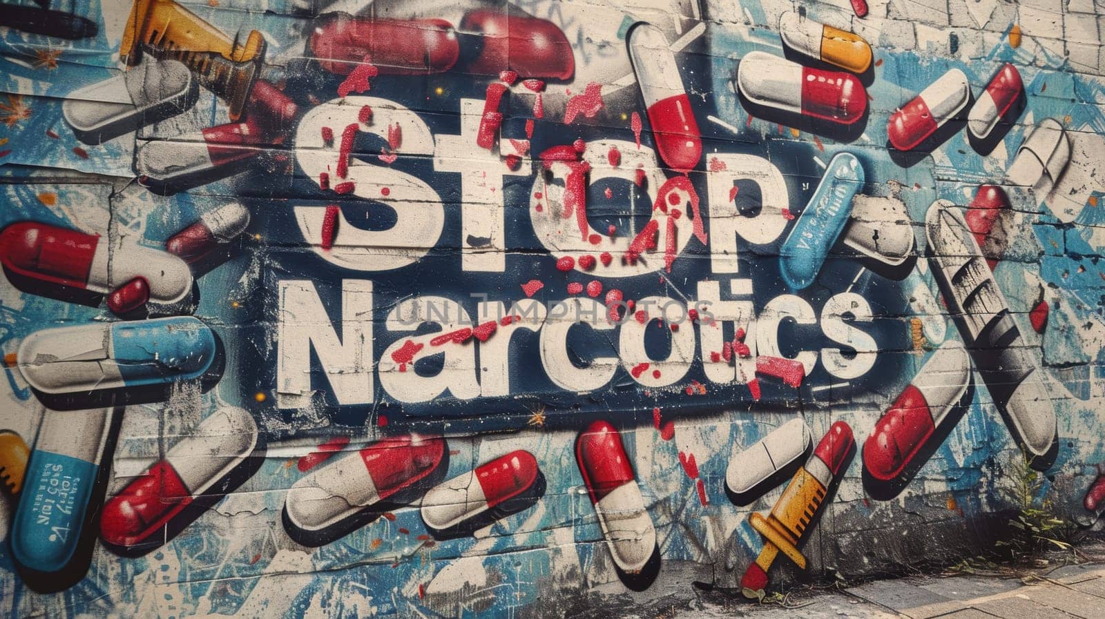Urban graffiti art with a strong anti-narcotics message displayed on a wall. the vivid artwork features bold stop narcotics text surrounded by graphic images of syringes and pills, conveying a powerful message on substance abuse prevention.