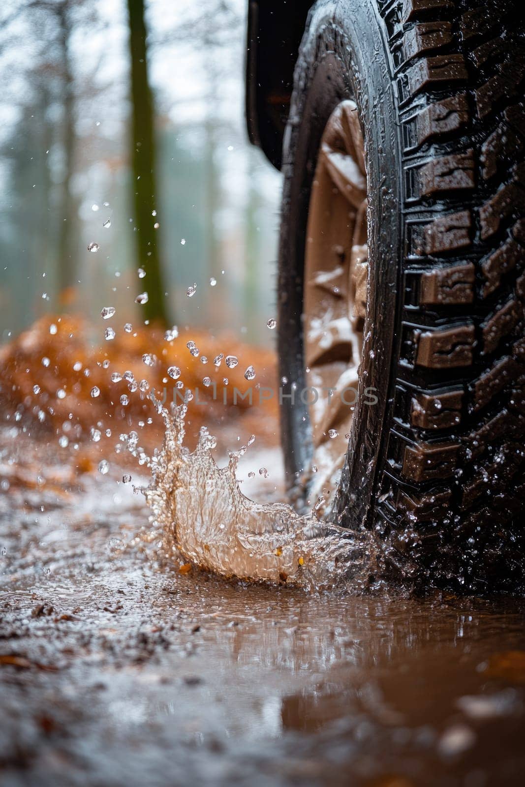 Safe journey: vehicle cautiously navigating a damp roadway, emphasizing the importance of driving safety and vehicle control on slippery surfaces while adapting to challenging wet road conditions