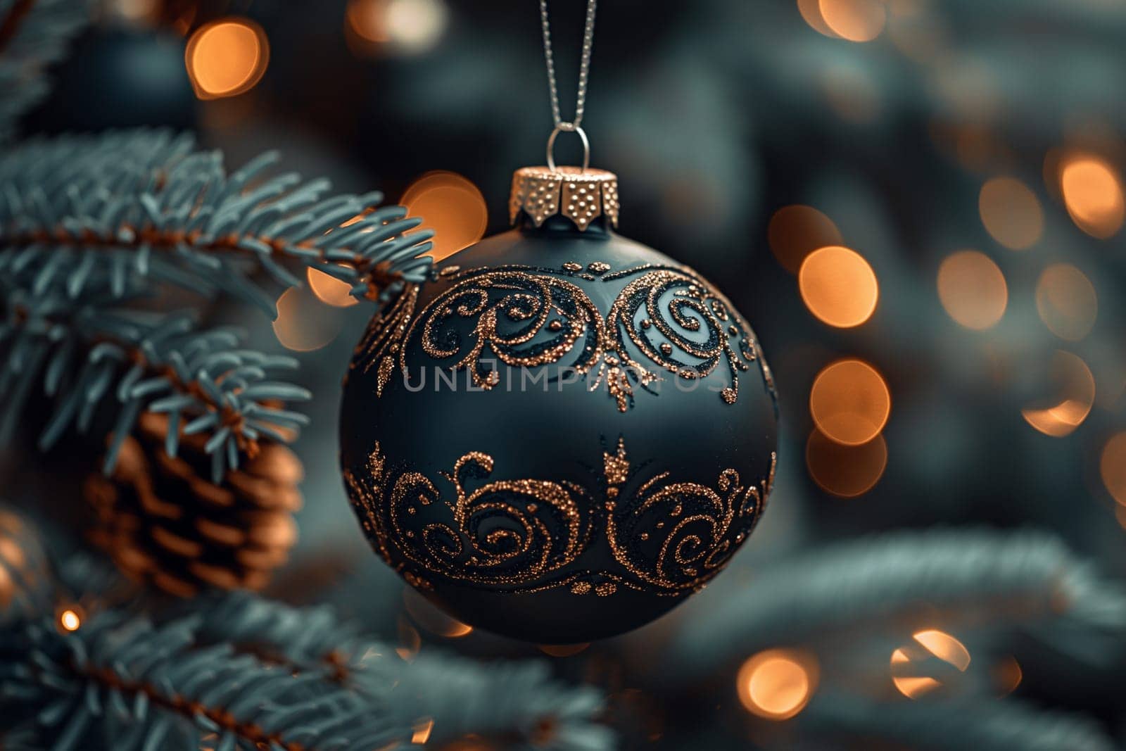 A beautifully crafted black and gold ornament dangles from a festive Christmas tree surrounded by warm lights.